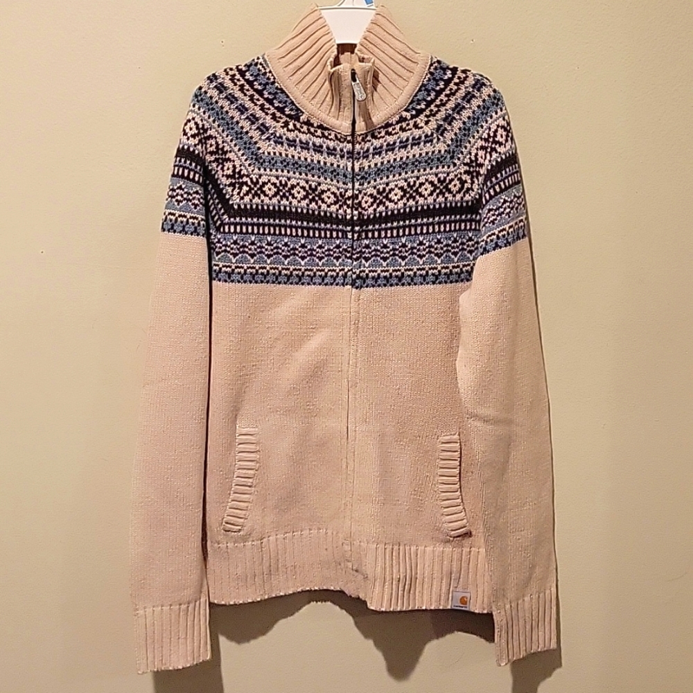 Carhartt Cream Zip-Up Fair Isle Sweater with Blue and Black Accents